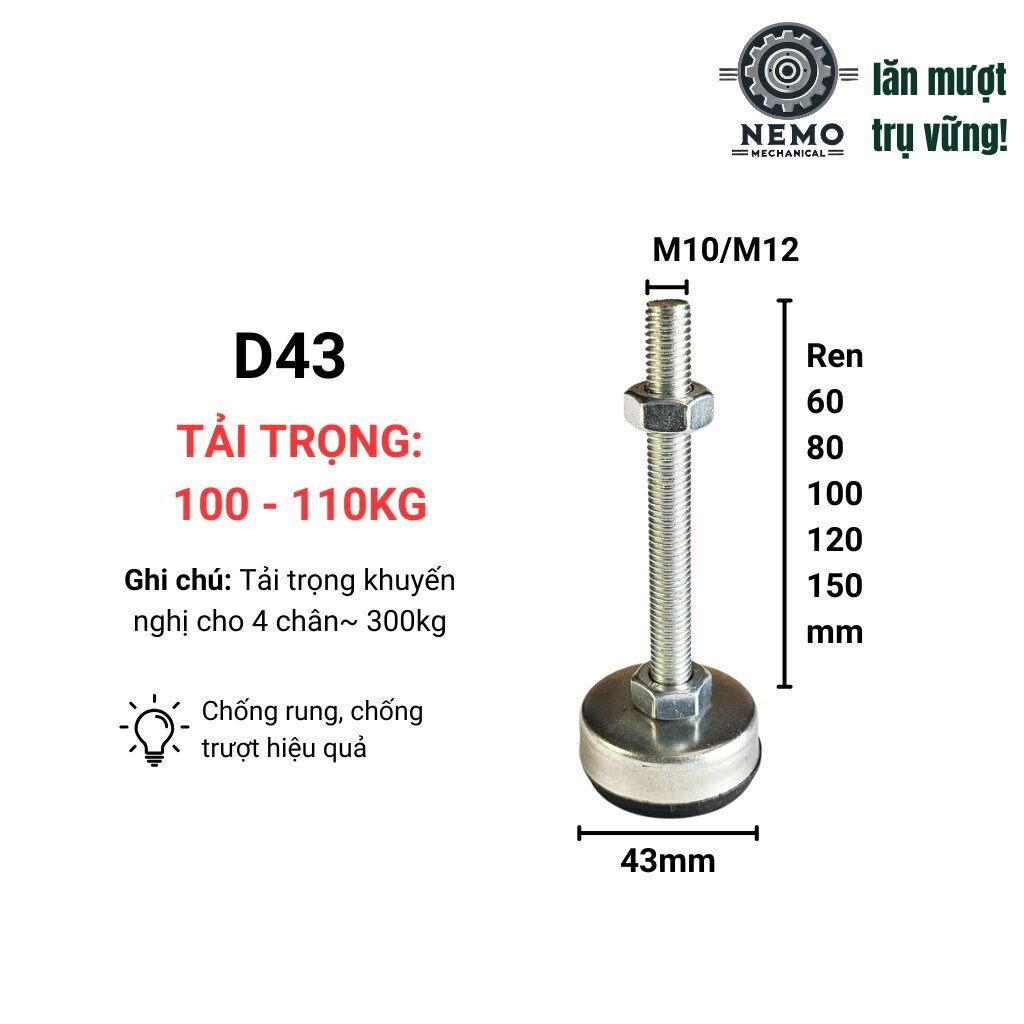 Chân tăng chỉnh đế cao su chống rung, D34-D63, tải trọng 90-120kg, bulong M10-M12